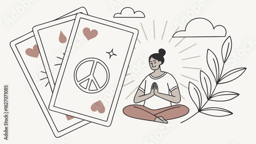Woman Meditating in Lotus Position Surrounded by Peace Symbol and Cards
