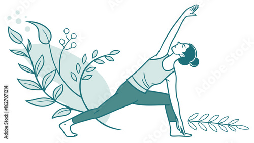Woman Practicing Yoga Pose with Natural Elements and Soft Color Palette