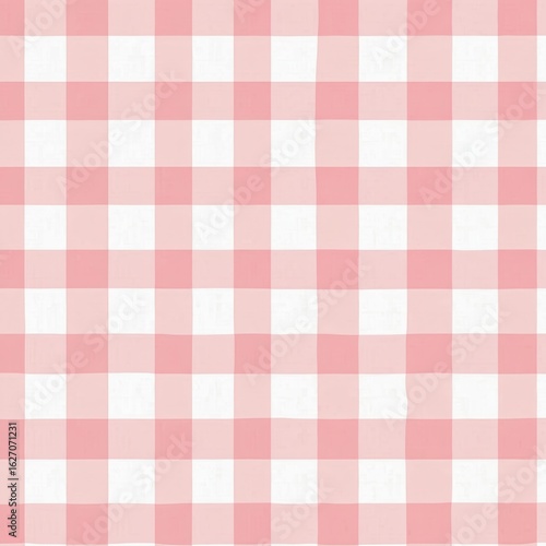 Pink and white gingham pattern illustration, seamless checkered texture. Soft pastel plaid fabric design, suitable for websites, stationery, crafts, and feminine decor.
