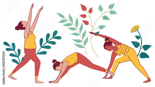 Women Engaging in Yoga Poses Amidst Nature Inspired Elements in Vibrant Yellow