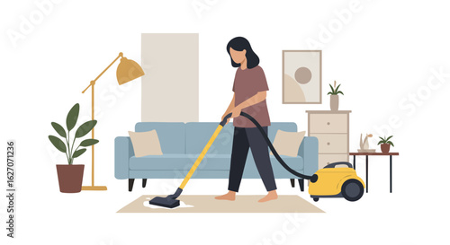 Vector Illustration of Woman Vacuuming House in Modern Interior Minimalist Style