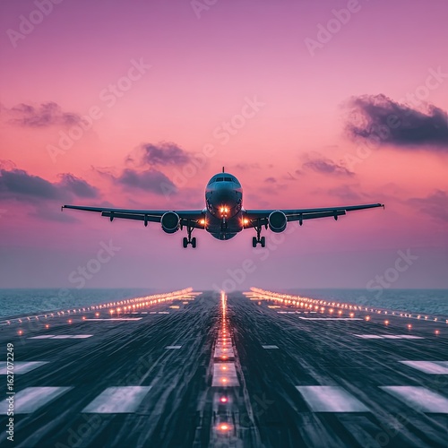 Airplane landing at sunset over water