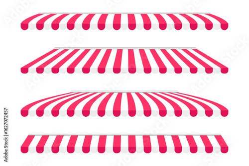 Set of shop awnings with red and white stripes. Striped store canopies. Market tents mockups isolated on white background. Cafe of food booth sunshades. Stall umbrellas. Vector flat illustration.