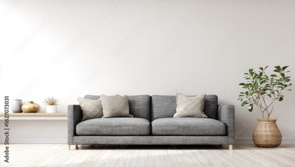 Naklejka premium Minimalist living room with gray sofa (1)
