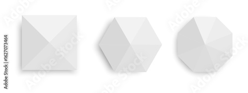 White tents top view. Gazebo umbrellas in square, hexagon and octagon shapes. Event or beach sunshades. Market canopy mockups isolated on white background. Vector realistic illustration.