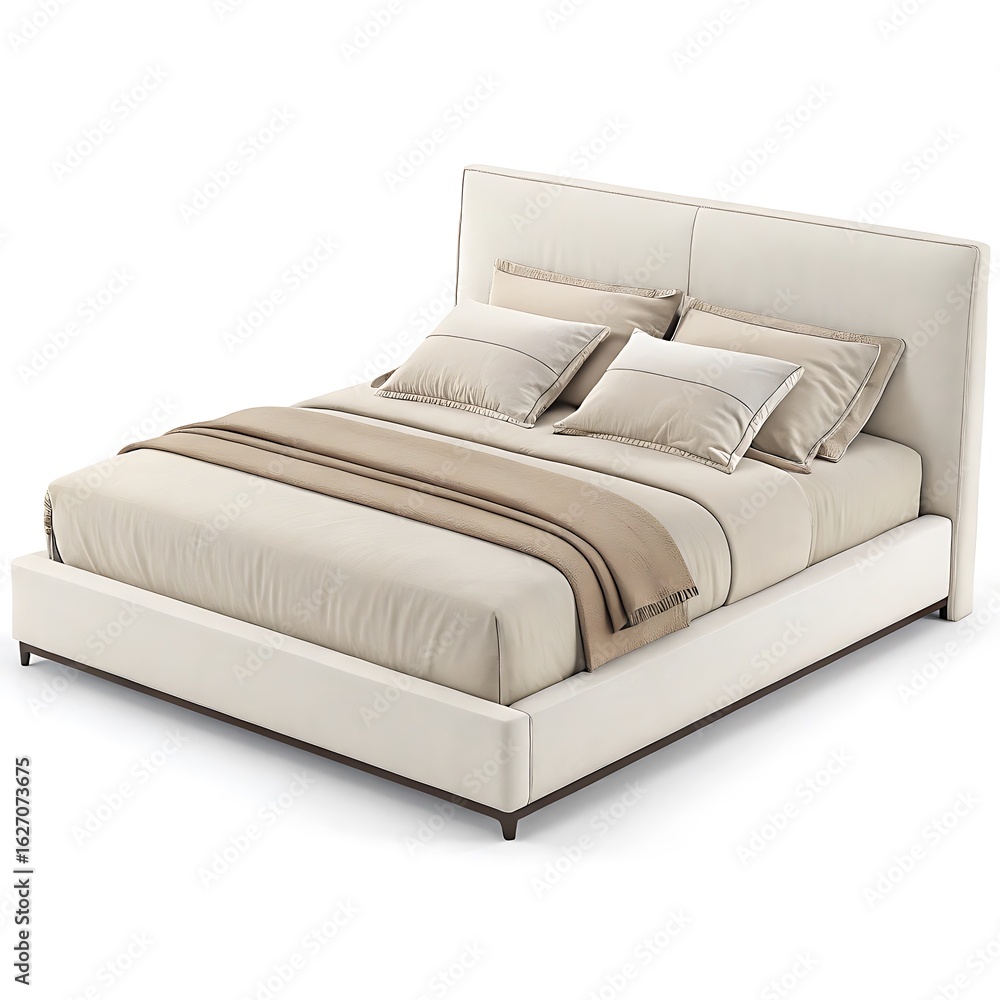 Obraz premium Modern upholstered bed with plush pillows and decorative throw