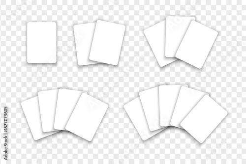 Set of blank white playing, gift or discount cards mockups isolated on transparent background. Playcard templates in different arrangements. Poker game concept. Vector realistic illustration.