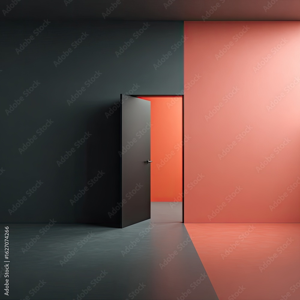 A minimalist interior scene with a black door opening into a coral-toned room A minimalist interior scene with a black door opening into a coral-toned room