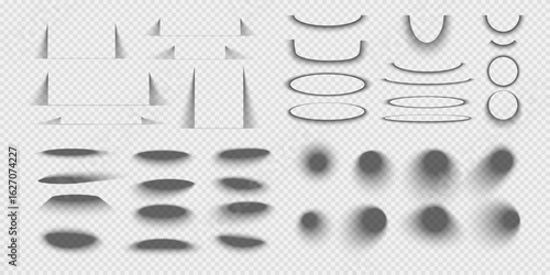 Set of rectangular, round and oval packing boxes, banners or cards shadow effects. Different realistic soft grey shapes. Shades isolated on transparent background. Vector realistic illustration.