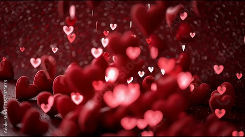 Festive Closeup Two Velvety Red Hearts Soft Bokeh Ambiance, Showcasing Love Affection Shallow Depth Field Highlights Glitter sprinkled Surface, Creating Romantic Focus Intimate Feel Celebratory Field