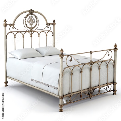 Elegant antique wrought iron bed frame with ornate headboard and footboard