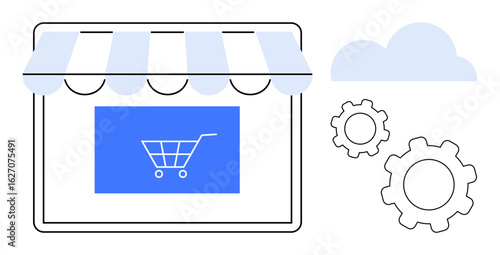 Digital storefront with cart icon, gears representing functionality and settings, cloud depicting online systems. Ideal for e-commerce, SaaS, digital transformation, innovation, tech solutions, cloud