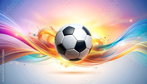 Soccer ball in vibrant, swirling abstract background
