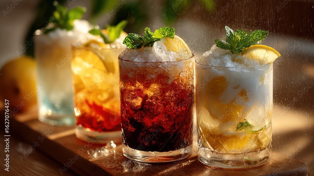 Refreshing assorted drinks with ice and garnish, perfect for summer Refreshing assorted drinks with ice and garnish, perfect for summer