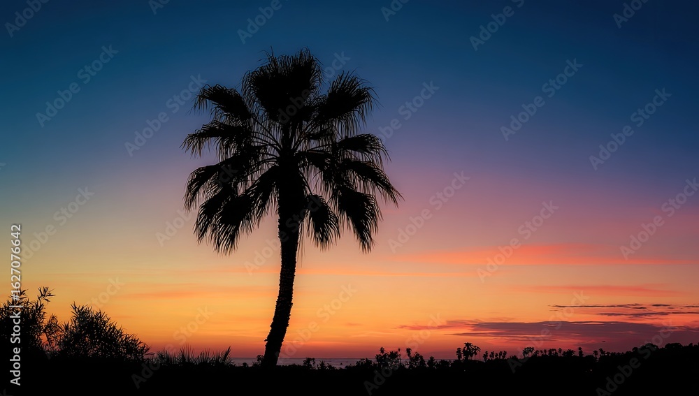 Fototapeta premium Silhouette palm tree at vibrant sunset