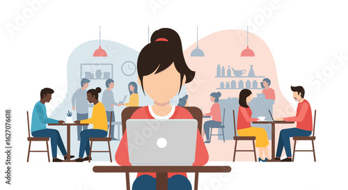 Diverse people working and collaborating in a modern cafe or co-working space. Remote work, digital nomadism, and flexible lifestyle concepts.