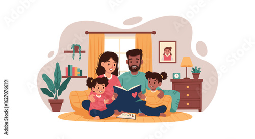 Loving family gathered at home, parents reading a book to their two young daughters, illustrating happy childhood and educational bonding.