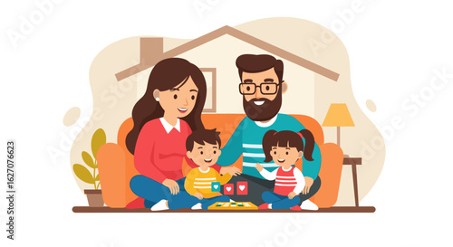 Happy family enjoying quality time together at home, playing a game in their cozy living room. Ideal for lifestyle, parenting, and togetherness concepts.