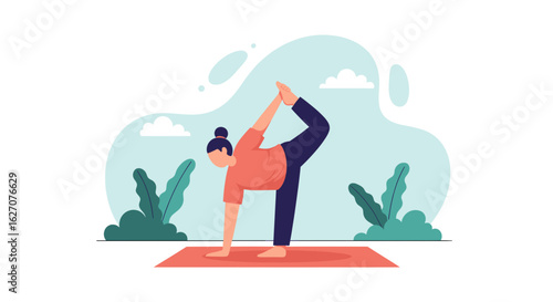 Woman performing a graceful yoga pose outdoors, symbolizing balance, flexibility, and inner peace. Perfect for fitness, wellness, or lifestyle concepts.