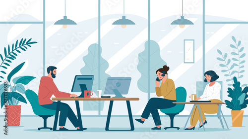 Productive professionals collaborate in a bright, modern open-plan office. Depicts efficient teamwork and a vibrant corporate environment, ideal for business concepts.