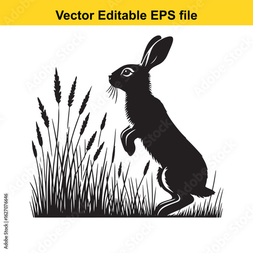 Vector art of black silhouette of a hare standing in grass, isolated on white background long horn, , long horn