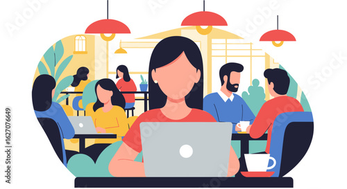People working on laptops in a modern cafe or co-working space, representing remote work, freelance, and collaborative business environments.