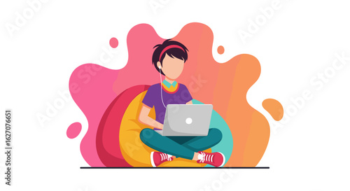 Young person using laptop and earphones on a colorful beanbag. Represents remote work, online learning, and digital lifestyle.