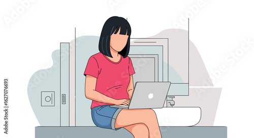 Young woman working remotely on her laptop at home, illustrating modern flexible work, digital communication, and internet connectivity.