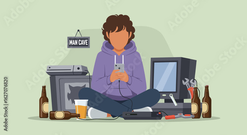 Relaxed man enjoying leisure in his personal "man cave" with retro games, beer, and smartphone. Concept of comfort, hobbies, and downtime.