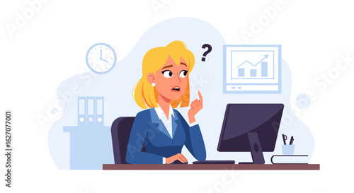 A confused businesswoman at her office desk, pondering a problem or question, symbolizing challenge, uncertainty, or decision-making in a corporate setting.