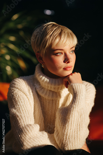 model portrait pixie haircut turtleneck sweater indoor stylish woman sitting in cozy room