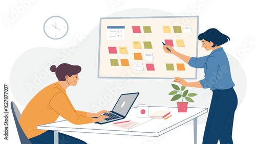 Professional women collaborate on a task board and laptop in a modern office. Ideal for business, project management, and teamwork concepts.