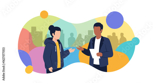 Two diverse individuals in an abstract setting engage in a discussion, symbolizing communication, mentorship, or problem-solving in business or education.