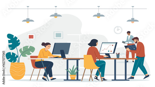 Diverse team collaborating and working diligently in a bright, modern open-plan office environment. Ideal for business, productivity, and professional themes.