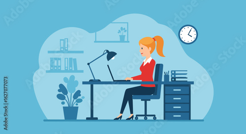Professional woman working on laptop at modern office desk. Concept of remote work, business productivity, and digital lifestyle.