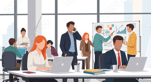 Professionals collaborating and working diligently in a modern, dynamic open-plan office. Ideal for business, teamwork, and corporate themes.