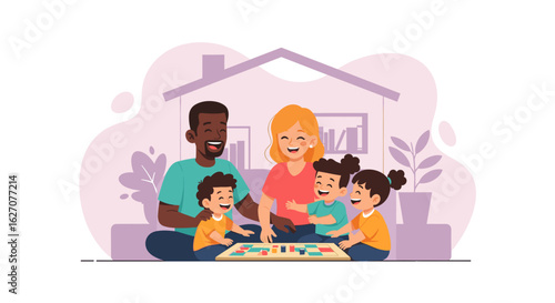 Happy diverse family playing a board game at home, enjoying quality time and bonding. Ideal for leisure, parenting, and childhood concepts.