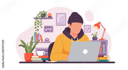 Person working remotely from a cozy home office setup, focused on their laptop. Ideal for concepts of productivity, online learning, or freelance work.
