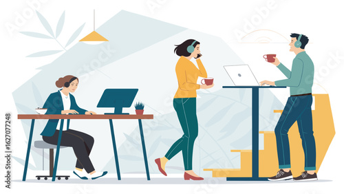 Productive professionals collaborate in a modern, flexible office setting, utilizing technology for communication and efficient work solutions.