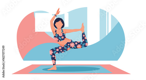 Woman practicing yoga, performing a balancing pose on a mat. Represents health, mindfulness, and fitness for a balanced lifestyle.