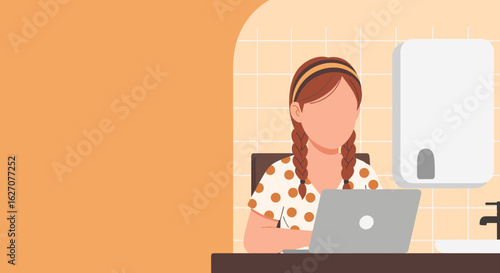 A young woman works remotely on her laptop in a modern home setting. Ideal for concepts of online learning, work from home, and digital lifestyle.