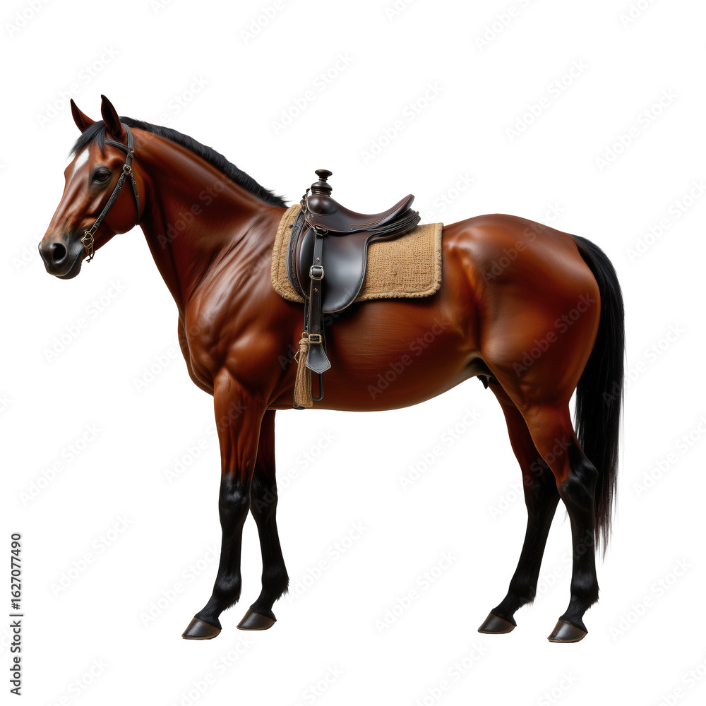Obraz premium Majestic Brown Horse with Saddle Ready for Riding in Nature Setting