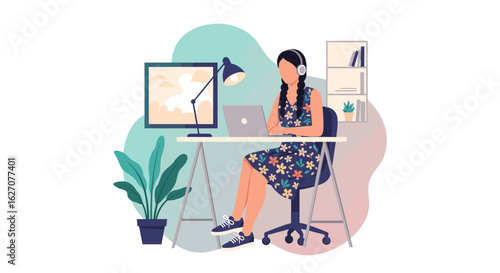 Focused young woman in headphones working remotely on laptop in a comfortable home office, ideal for business, education, or lifestyle themes.
