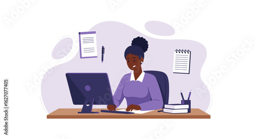 Smiling African American businesswoman working efficiently at an office desk on a computer. Ideal for business, remote work, and productivity concepts.