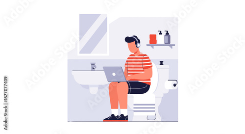 Person with headphones on toilet uses laptop. Illustrates remote work, multitasking, and staying connected in private spaces.
