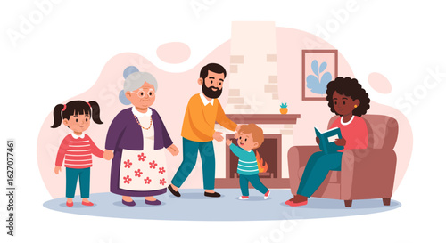 Multi-generational family enjoying a warm day at home. Grandparents, parents, and children show happiness and connection, depicting modern family life.