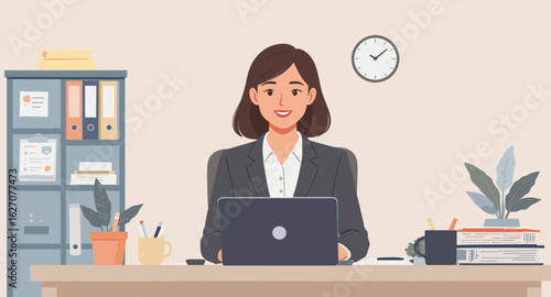 Smiling professional woman works on laptop in a modern office, depicting productivity, success, and a positive business environment.