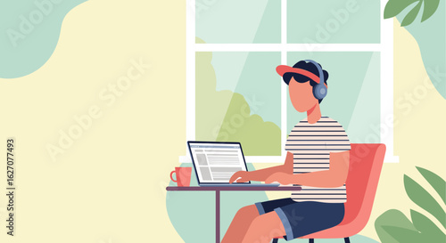 Modern illustration of a person with headphones and laptop, working remotely from home near a window. Ideal for digital lifestyle, education, or business concepts.
