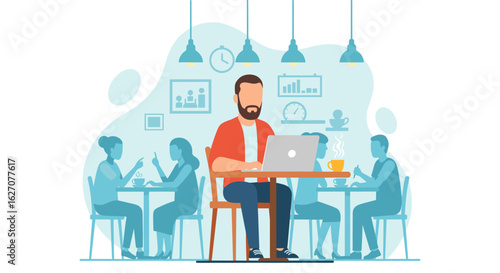 Man with beard working on laptop in a vibrant cafe or co-working space. Remote work, freelancing, and digital nomad concept.