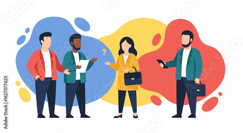 Diverse business professionals collaborate and communicate, discussing ideas and problem-solving in a vibrant, engaging setting. Ideal for team building, discussion, and support concepts.